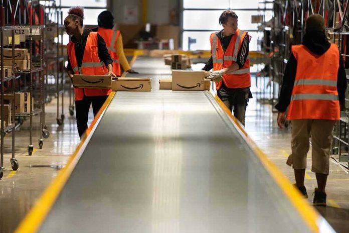 Warehouse workers in orange vests handle packages on a conveyor belt