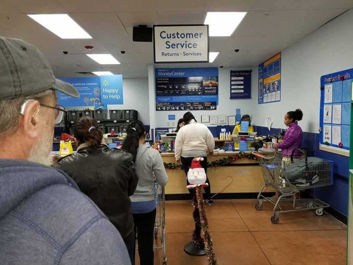 customers waiting in line at a store customer service counter