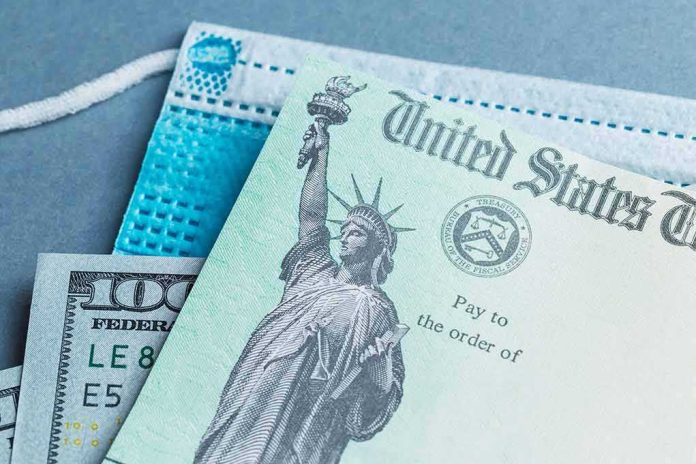 U.S. Treasury check with face mask and hundred-dollar bill
