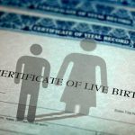 Birth certificate with male and female icons overlay