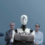 Robot Tax Bombshell From Bill Gates Jan-Peter Nikiferow seated with a humanoid robot holding a briefcase in front
