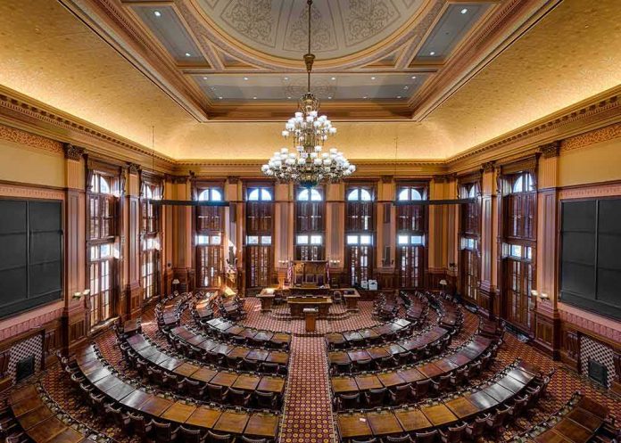 Ornate legislative chamber with curved rows of desks and grand chandelier