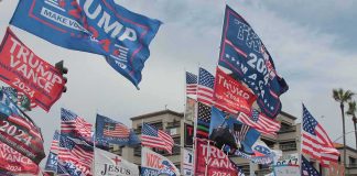 Crowd at political rally with many American and campaign flags